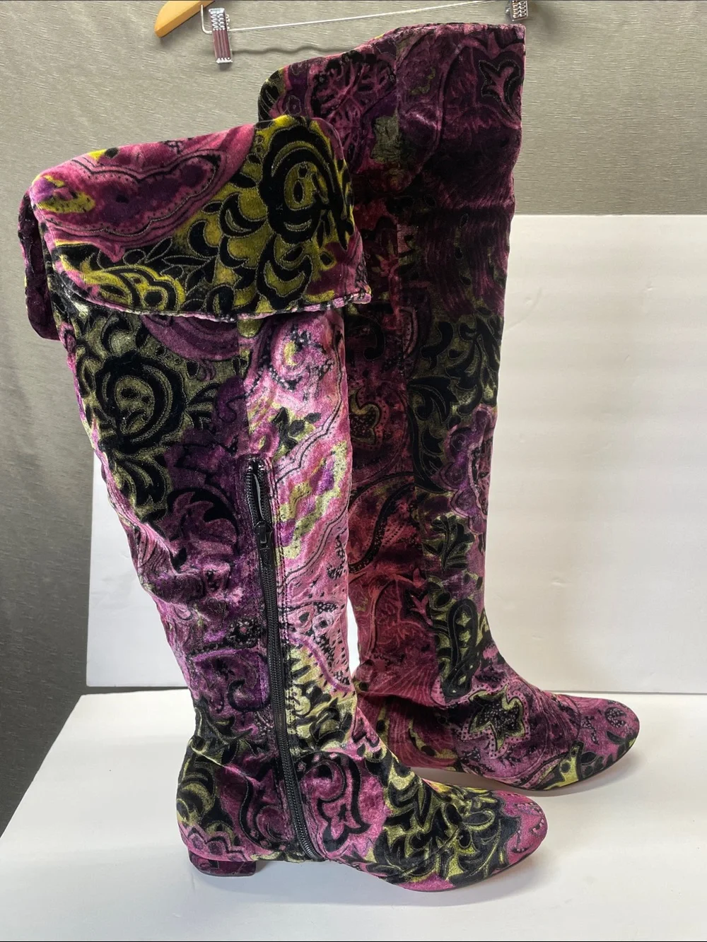 Born Pink Velvet Over-the-Knee Boots with Black and Gold Paisley